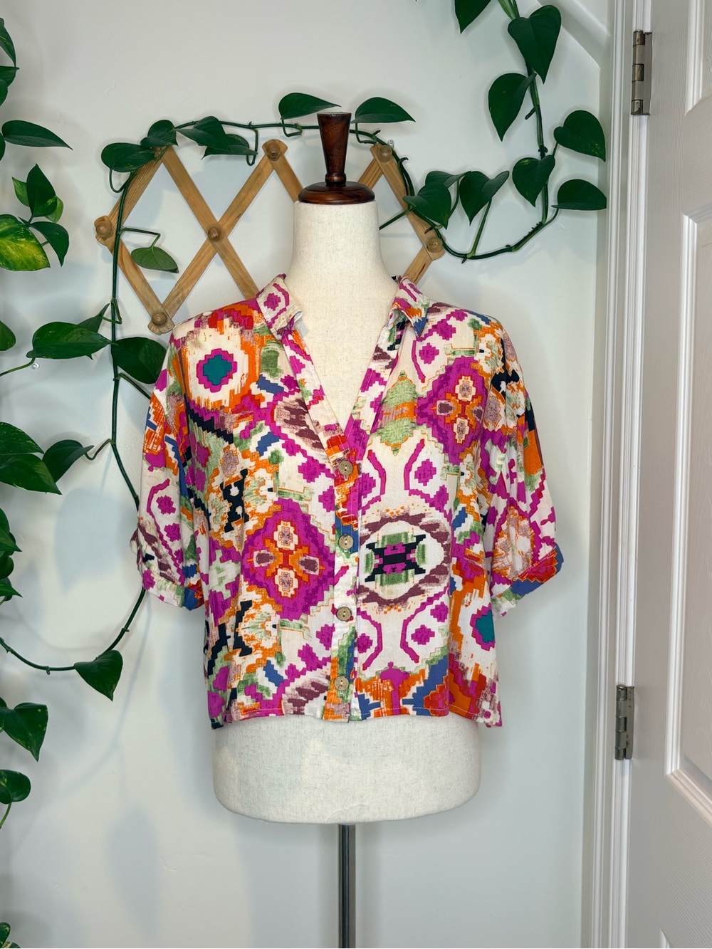 Christian Siriano Multicolor Geometric Aztec Tribal Print Button-Down Shirt